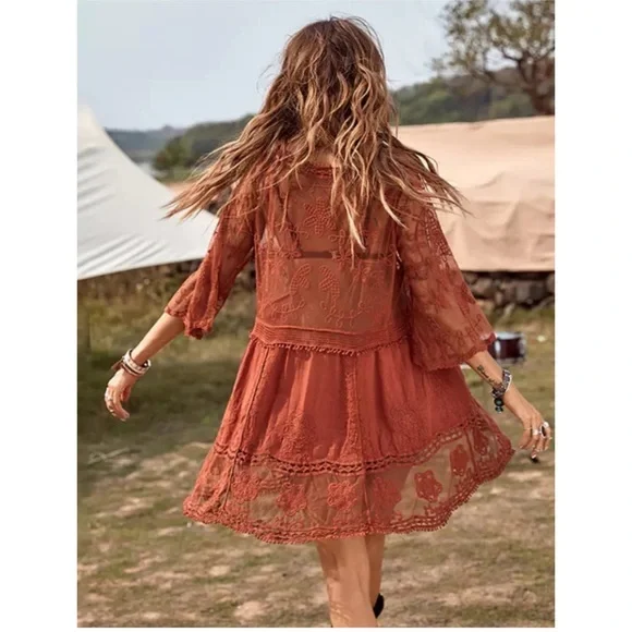 New Bohemian V Neck Crochet Mesh Dress - Picture 5 of 8